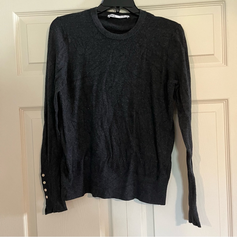 Zara Charcoal Gray Crewneck Sweater Classic Knit Studded Design